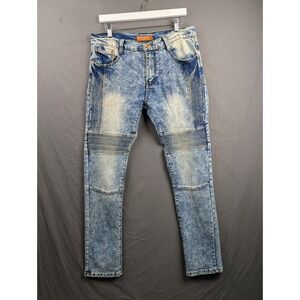 Denim & Rivets Mens Moto‎ Biker Jeans Acid Wash Blue Skinny Slim Fit Size 34